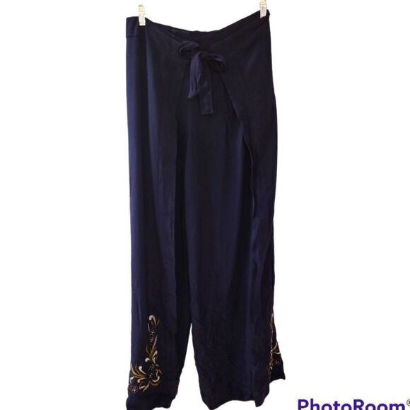 Soft Surroundings Navy Blue Embroidered Wrap Pants Wide Leg Palazzo,… - Picture 1 of 9